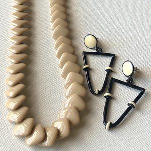Beige Square Bead Necklace + Earrings Set